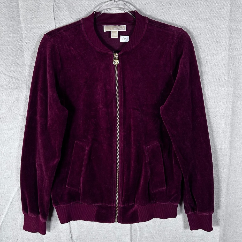 Michael Michael Kors Velour Bomber Jacket Plum Burgundy Zip Up Womens Medium‎